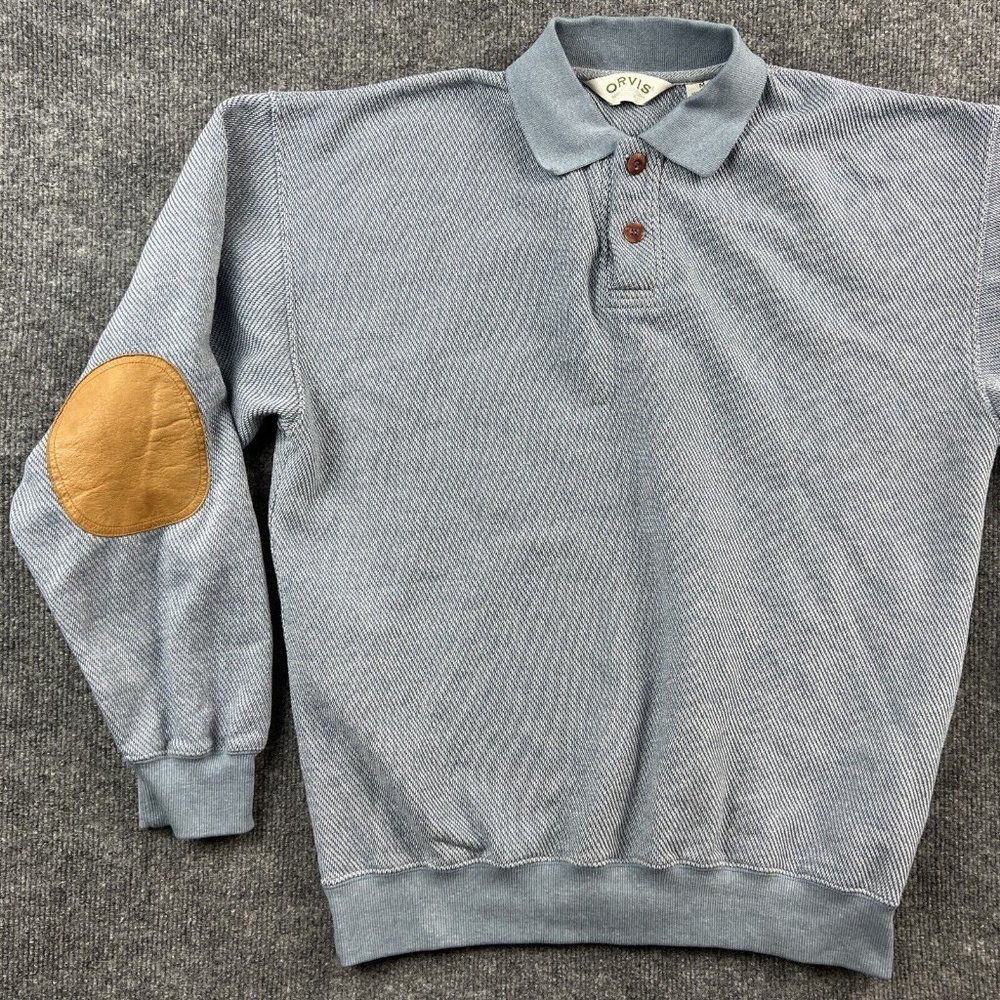 Orvis Men Medium Sweater Leather Elbow Patches Button Up Polo Shirt Pullover - Picture 2 of 11